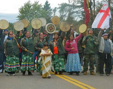 Mi'kmaq tribal members lead a march during their blockade against fracking in New Brunswick