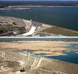 Folsom Lake, a California water reservoir, photographed in 2011 (above) and 2014
