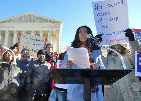 California Teachers Association member Maya Walker speaks outside the U.S. Supreme Court building