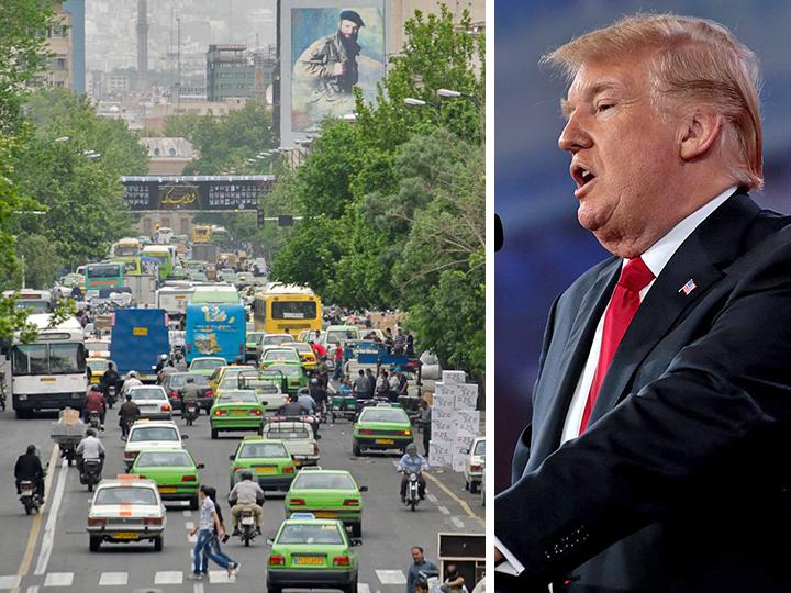 Left: A downtown street in Tehran; right: Donald Trump