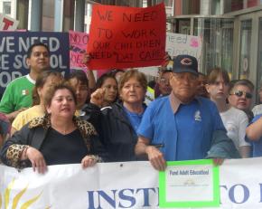 Protesting budget cuts outside the State of Illinois Building in Chicago