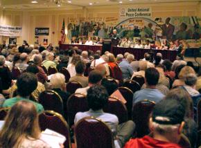 Participants listen to a panel of speakers at the United National Antiwar Conference