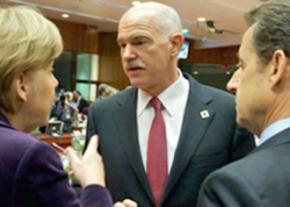 Greek Prime Minister George Papandreou speaking with Germany's Angela Merkel and France's Nicholas Sarkozy
