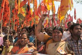 Participants in India's largest-ever general strike march in Hyderabad