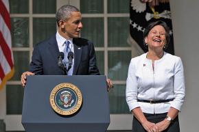 President Obama addresses a press conference with Commerce Secretary nominee Penny Pritzker