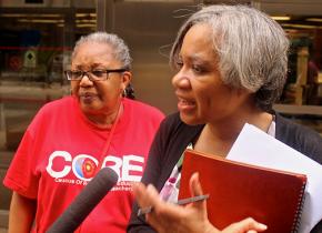 CCUPPE's Valerie Leonard (right) speaks at a press conference alongside CORE member Cathaline Gray Carter