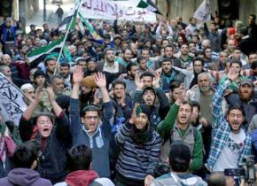 Syrians in Aleppo raise their voices against the regime during a brief and partial ceasefire