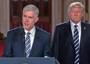 Supreme Court nominee Neil Gorsuch addresses reporters, flanked by Donald Trump