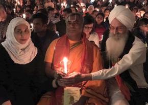 Sikh, Hindu and Muslim religious leaders send a message of solidarity at a vigil for Srinivas Kuchibhotla in Kansas