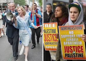 Left: Sens. Chuck Schumer and Kirsten Gillibrand at a pro-Israel parade in New York; right: Demonstrating in solidarity with Palestine at Northeastern University