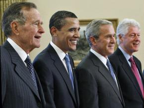 From left to right: former Presidents George H.W. Bush, Barack Obama, George W. Bush and Bill Clinton