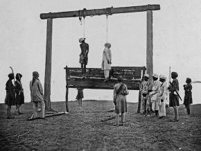 An 1857 photo of the hanging of two mutineers in Lucknow, India